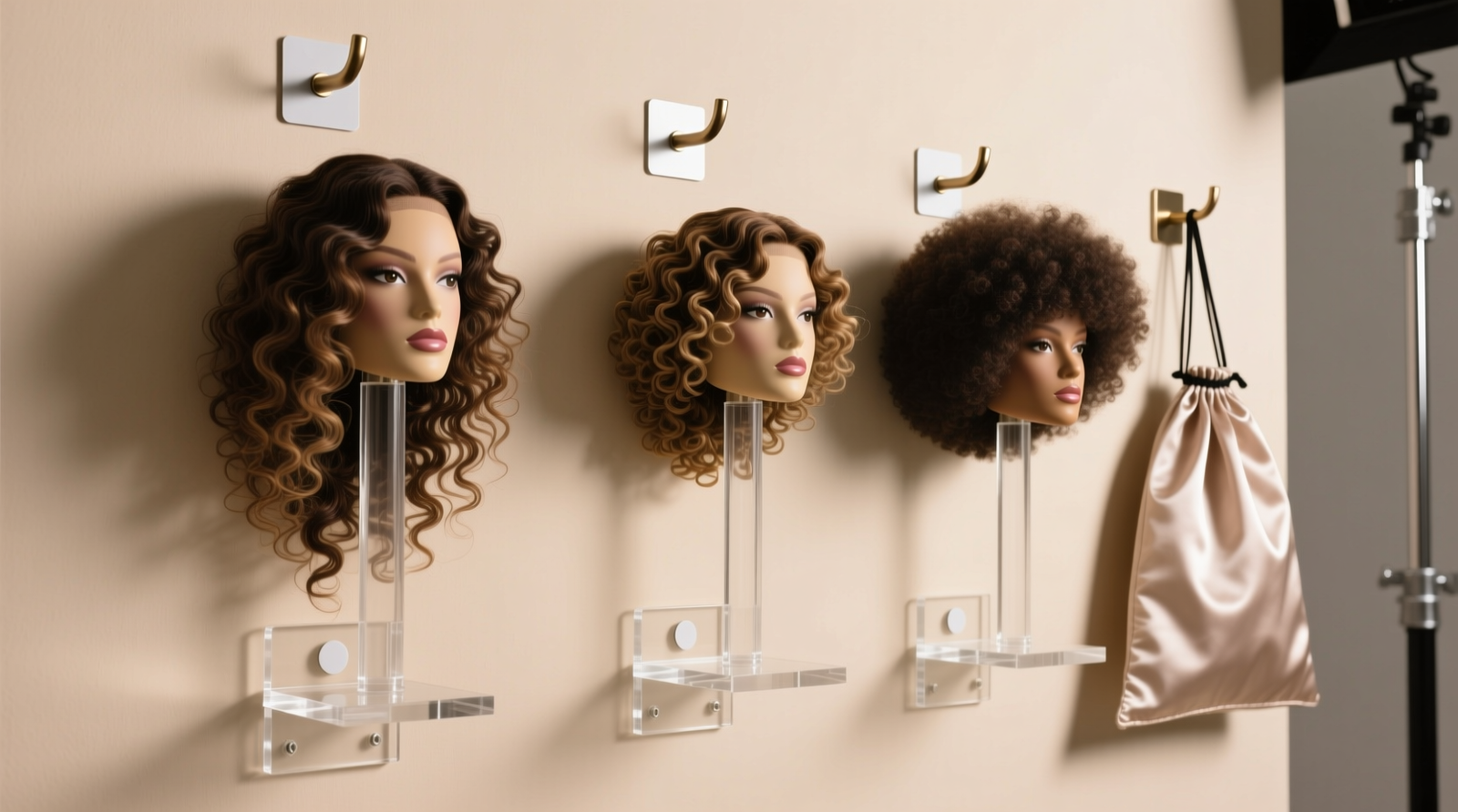 Three acrylic wig stands mounted vertically on light beige drywall using square adhesive pads; each holds a different curly wig (loose spiral, defined coil, high-volume afro), with satin storage bags hanging nearby on slim, non-invasive hooks