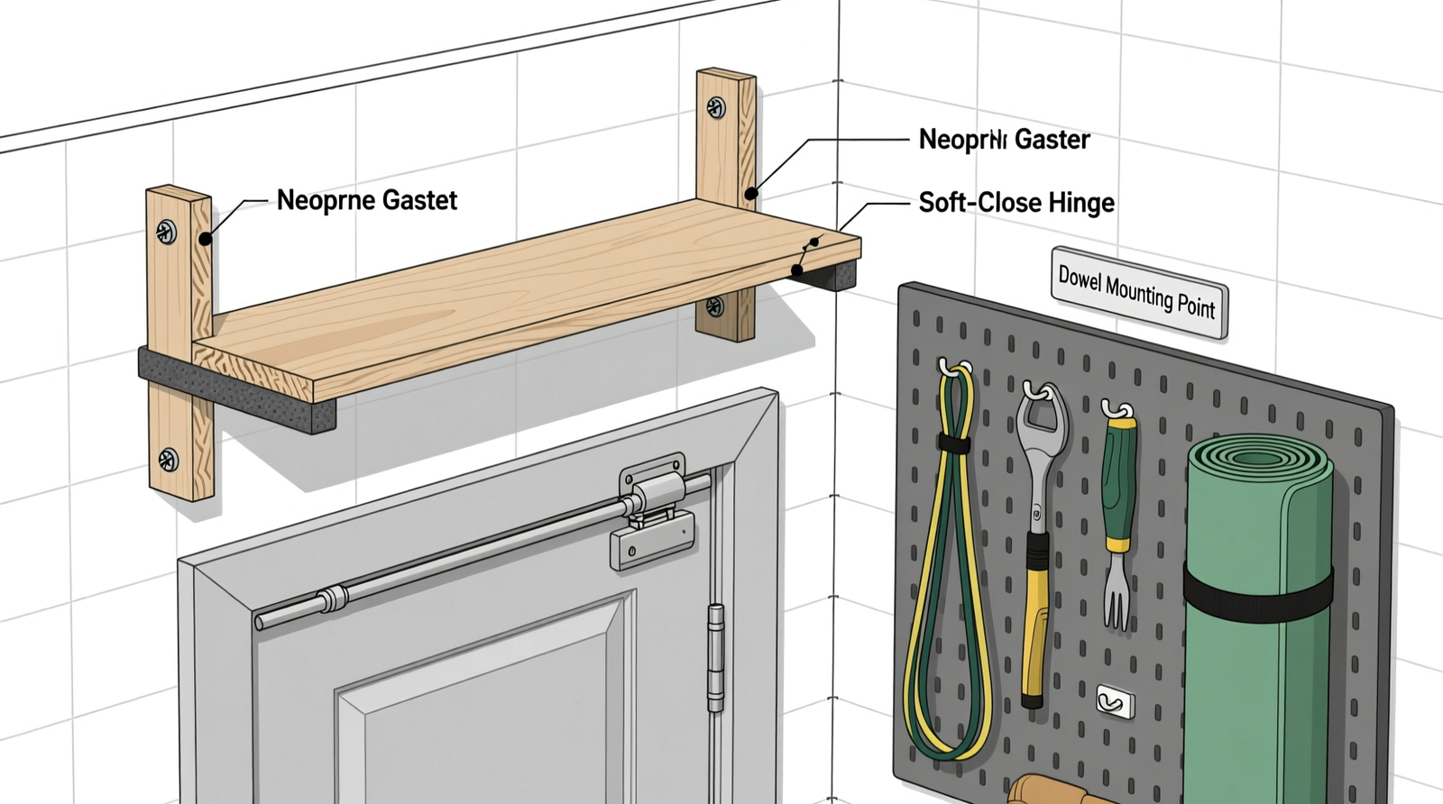 Cross-section diagram showing plywood shelf anchored to wall studs, neoprene foam gasket beneath, soft-close hinge mounted on solid-core door, and labeled pegboard panel with resistance bands and yoga mat rolled on wall-mounted dowels