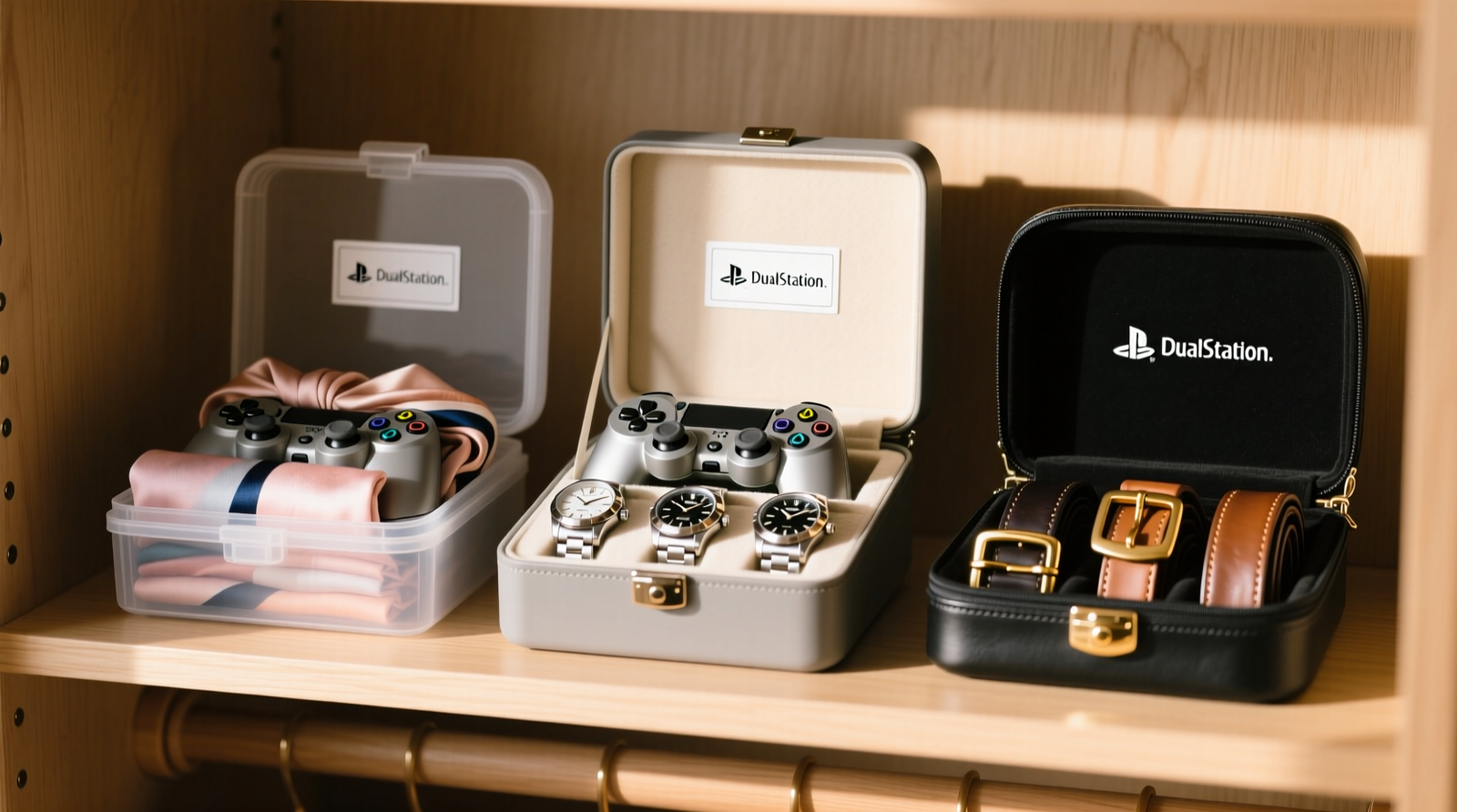 Three stacked PlayStation DualShock controller cases mounted vertically on a closet shelf: left holds folded silk scarves, center displays titanium watches on padded foam ridges, right organizes leather belts with brass buckles facing outward. All lids are semi-transparent matte polycarbonate, labels are flush-mounted minimalist sans-serif vinyl.
