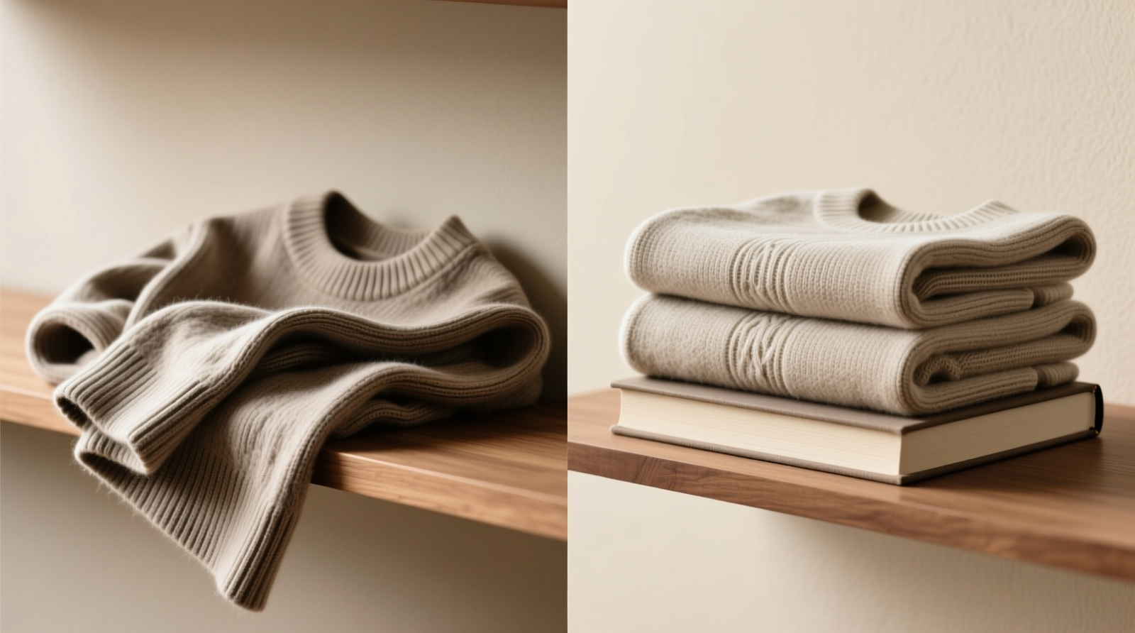 Side-by-side comparison: left shows a stretched-out cashmere sweater folded haphazardly on a shelf; right shows three identically folded merino sweaters stacked neatly using the towel-and-book method, with crisp horizontal lines and zero visible distortion at shoulders or hems