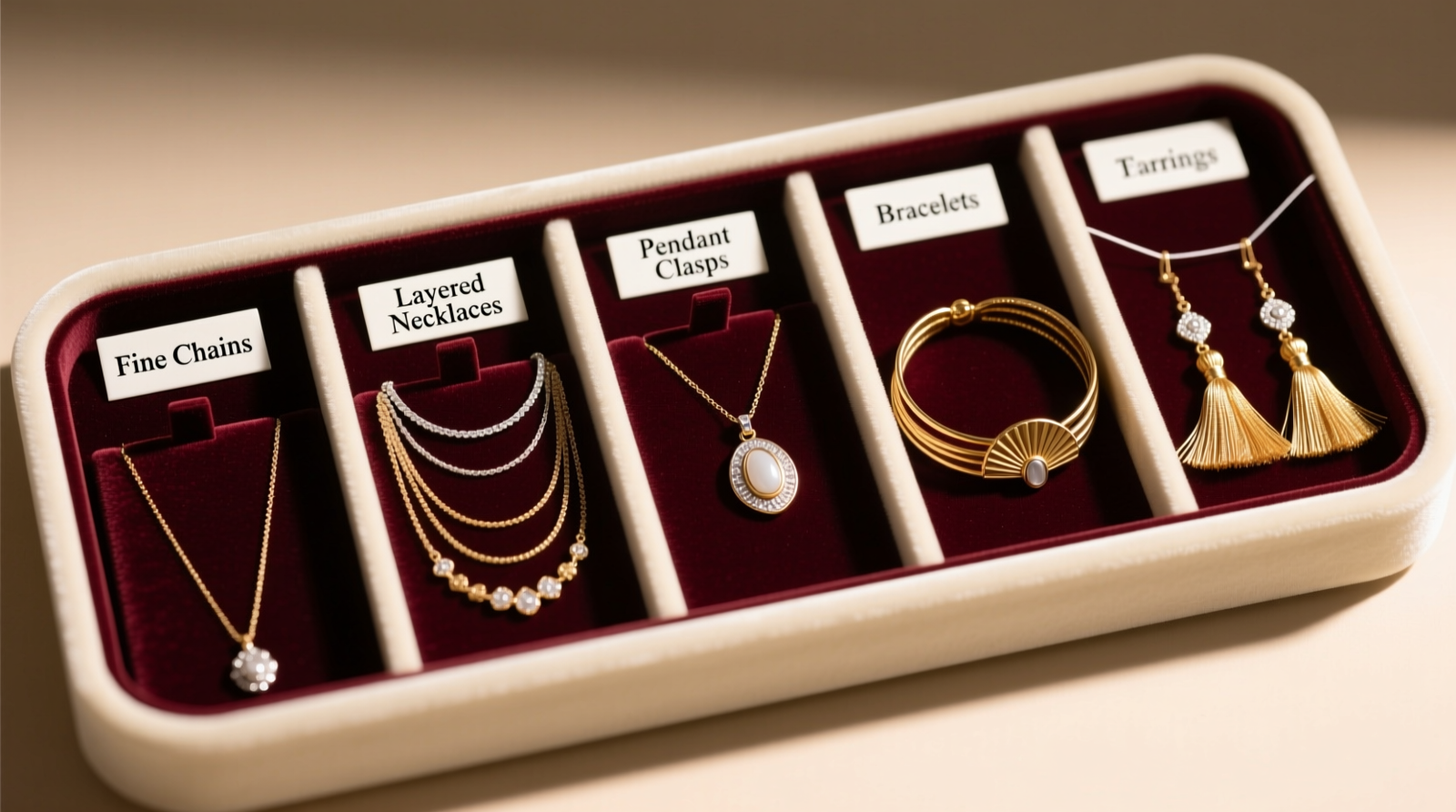 Top-down view of a shallow velvet tray with five labeled compartments: 'Fine Chains', 'Layered Necklaces', 'Pendant Clasps', 'Bracelets', 'Tassel Earrings'—each holding pieces fully separated, no overlapping or draping