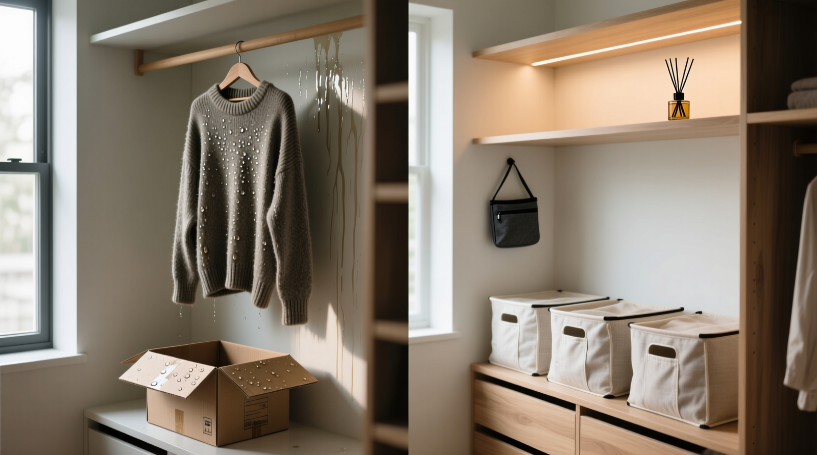 A minimalist walk-in closet with a compact white ultrasonic diffuser mounted discreetly on an upper shelf beside folded linen storage bins; soft mist visible in ambient light, no visible cords or clutter