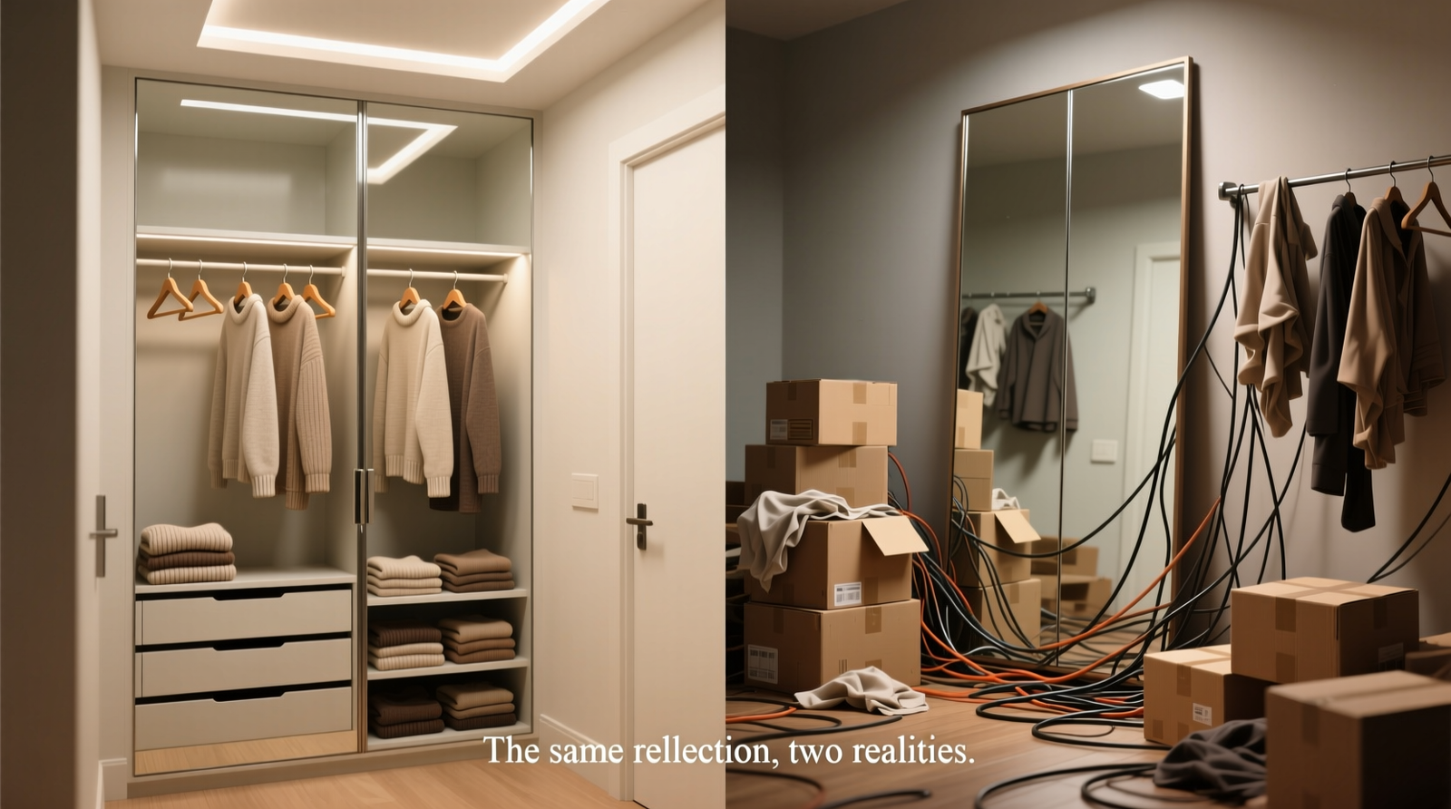 Side-by-side comparison: left panel shows a mirrored closet door reflecting a minimalist interior with aligned hangers, soft lighting, and folded sweaters standing vertically; right panel shows the same door reflecting visible wires, stacked boxes, and uneven garment heights—illustrating how identical hardware yields opposite psychological effects based on interior discipline.