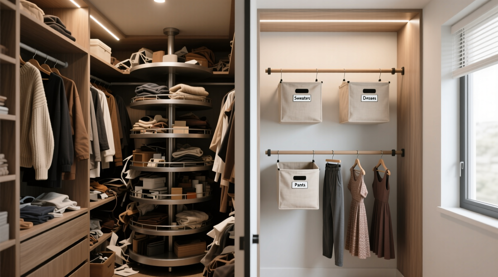 Side-by-side comparison: a cramped 4-ft-wide closet with a bulky rotating carousel partially blocking shelves versus the same closet using two staggered, wall-mounted rods with labeled fabric bins beneath