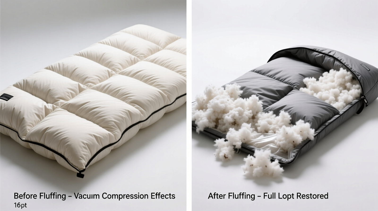 Side-by-side comparison: a properly fluffed down sleeping bag with full loft versus one recently removed from vacuum storage showing visible clumping and uneven expansion