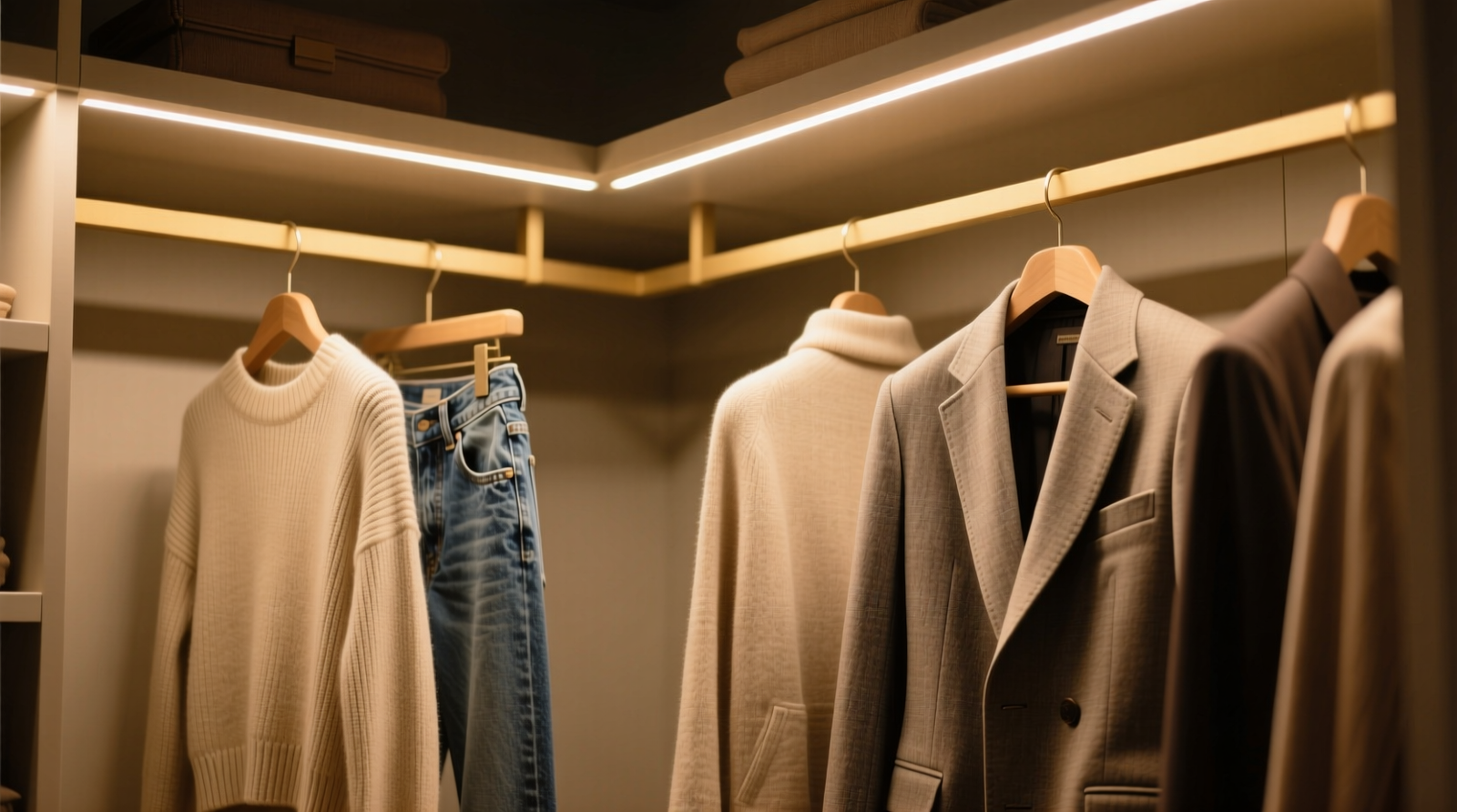 Close-up of a walk-in closet with warm ambient LED strip lighting mounted along the upper shelf edge, evenly illuminating neutral-toned knits, denim, and tailored blazers without glare or shadow