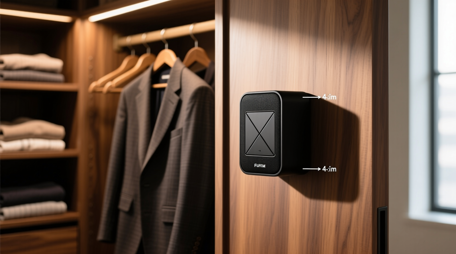 Close-up of a matte-black magnetic Bluetooth speaker mount affixed to the left interior side panel of a minimalist white closet, positioned at 58 inches from floor, angled 15 degrees downward; no wires visible, speaker size matches palm of hand