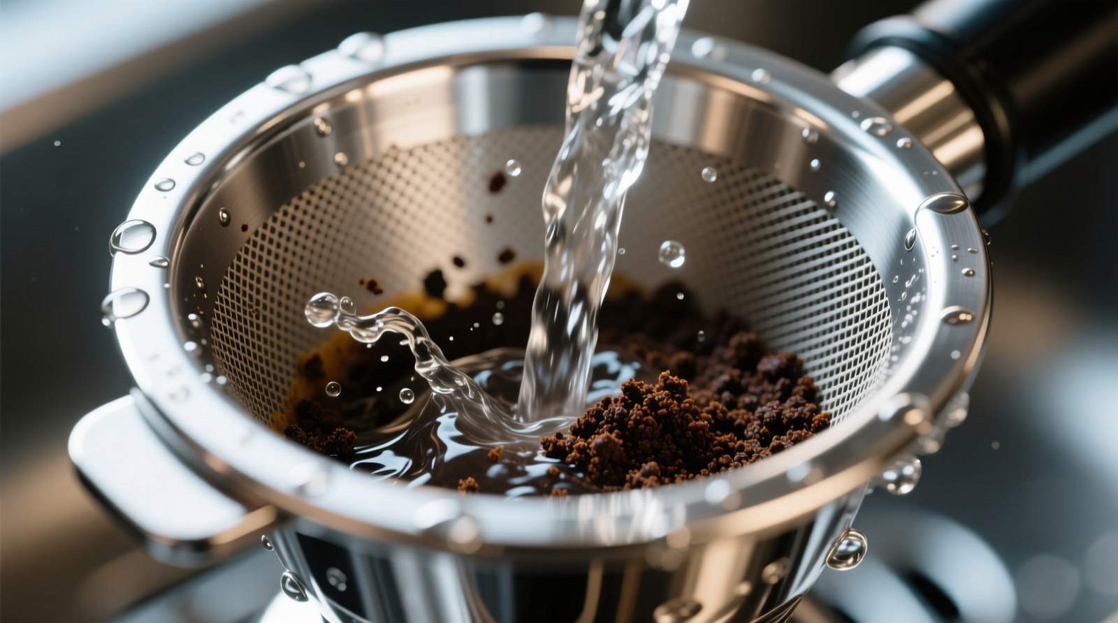 Close-up photo of a stainless steel coffee filter being rinsed under cool running water, with visible oil sheen dissolving from mesh pores, next to a small bowl of clear vinegar-water solution and a soft-bristled brush