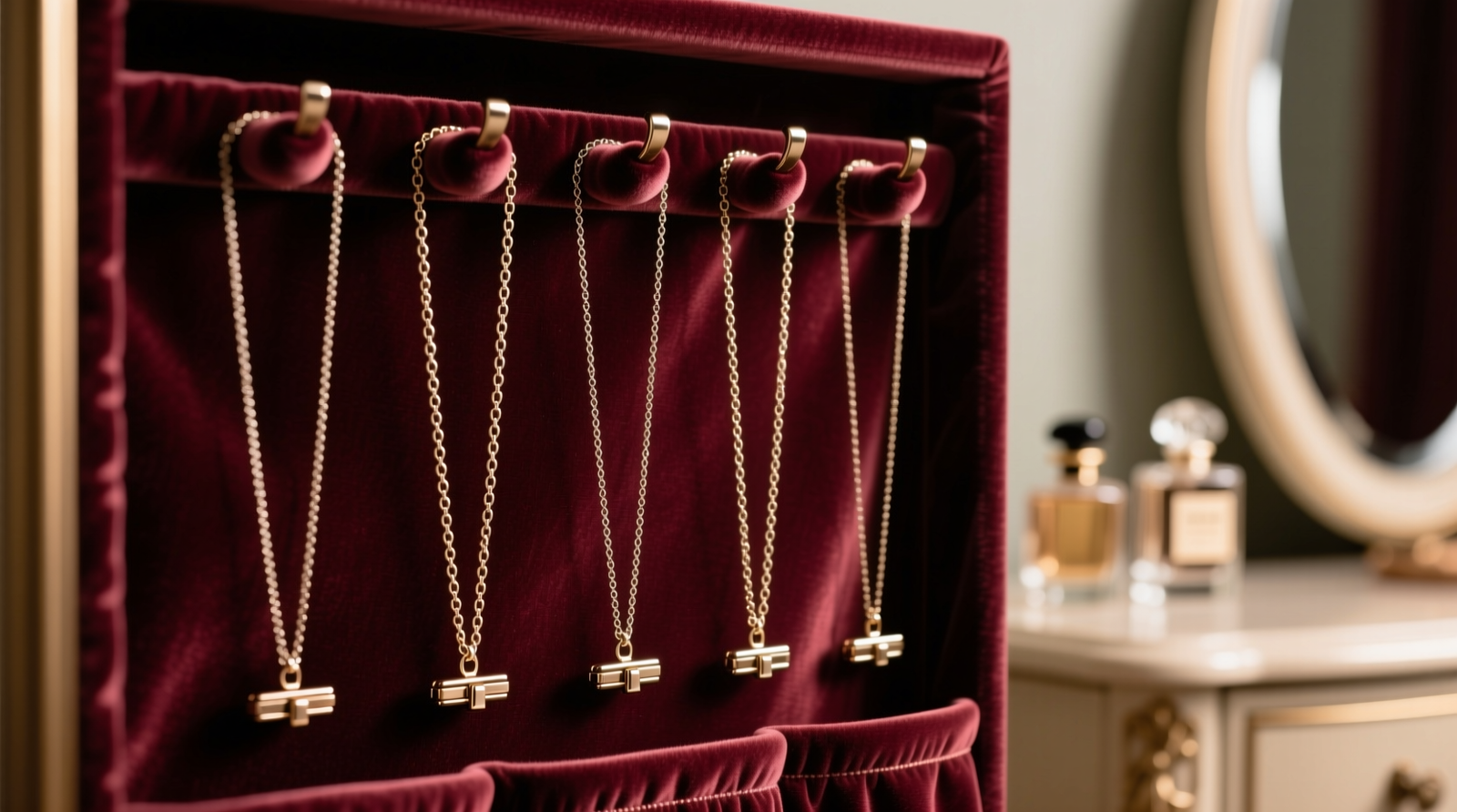 Close-up of a velvet-lined hanging jewelry organizer with six delicate chain necklaces suspended vertically on soft, non-slip padded hooks—each chain fully extended, clasp resting below the lowest link, no overlapping or contact between pieces