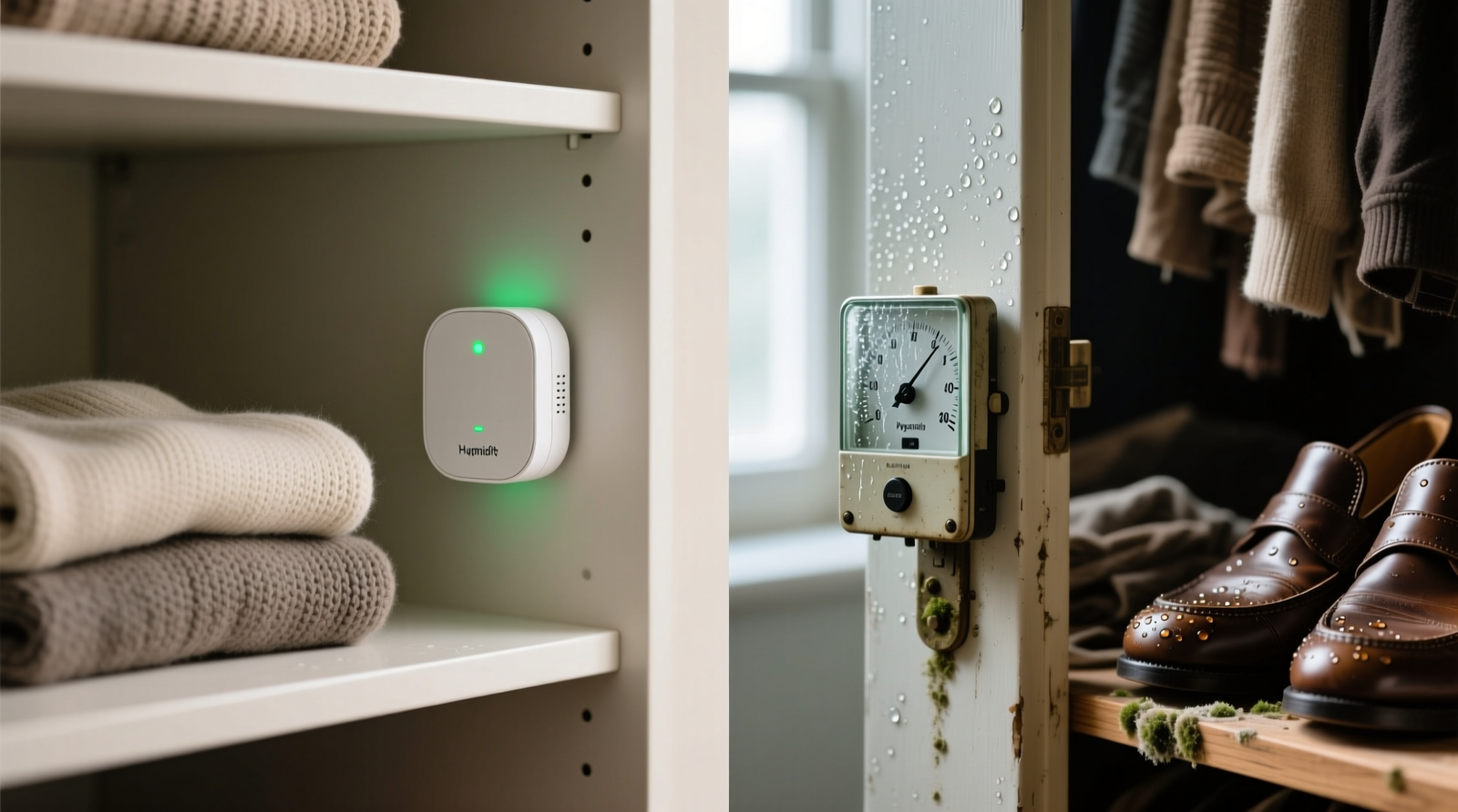 Side-by-side comparison: left shows a calibrated digital humidity monitor mounted at boot-shelf level beside suede boots on cedar trees; right shows an analog hygrometer dangling from a closet rod, obscured by hanging coats and far from footwear