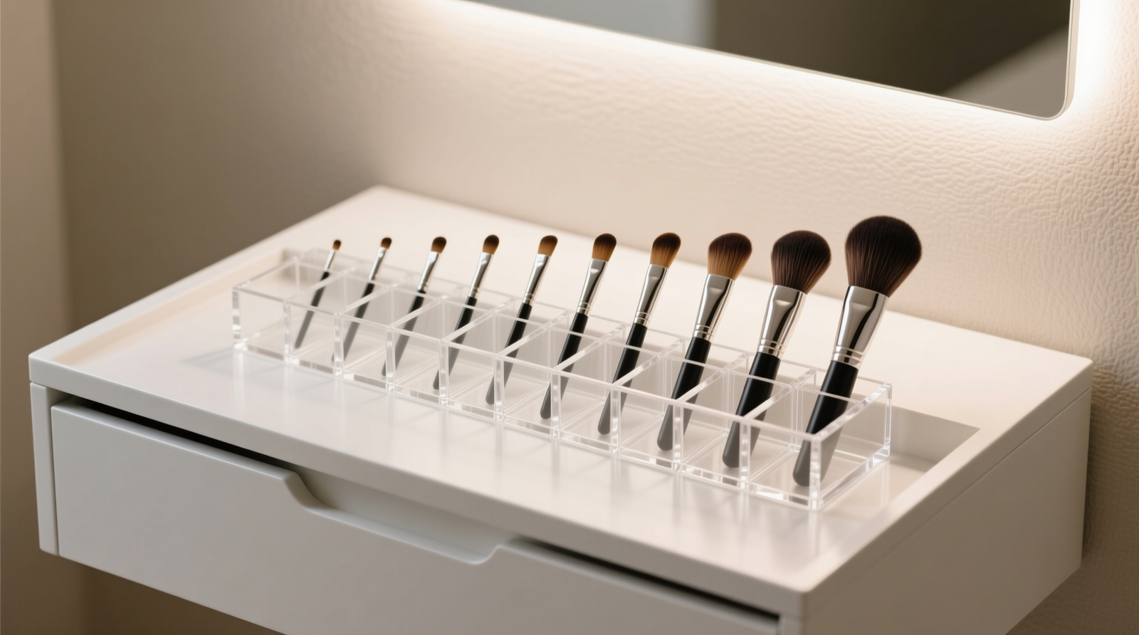 A minimalist white vanity drawer with clear acrylic dividers holding 12 upright makeup brushes—each in its own snug compartment, bristles facing inward, handles aligned flush with the front edge