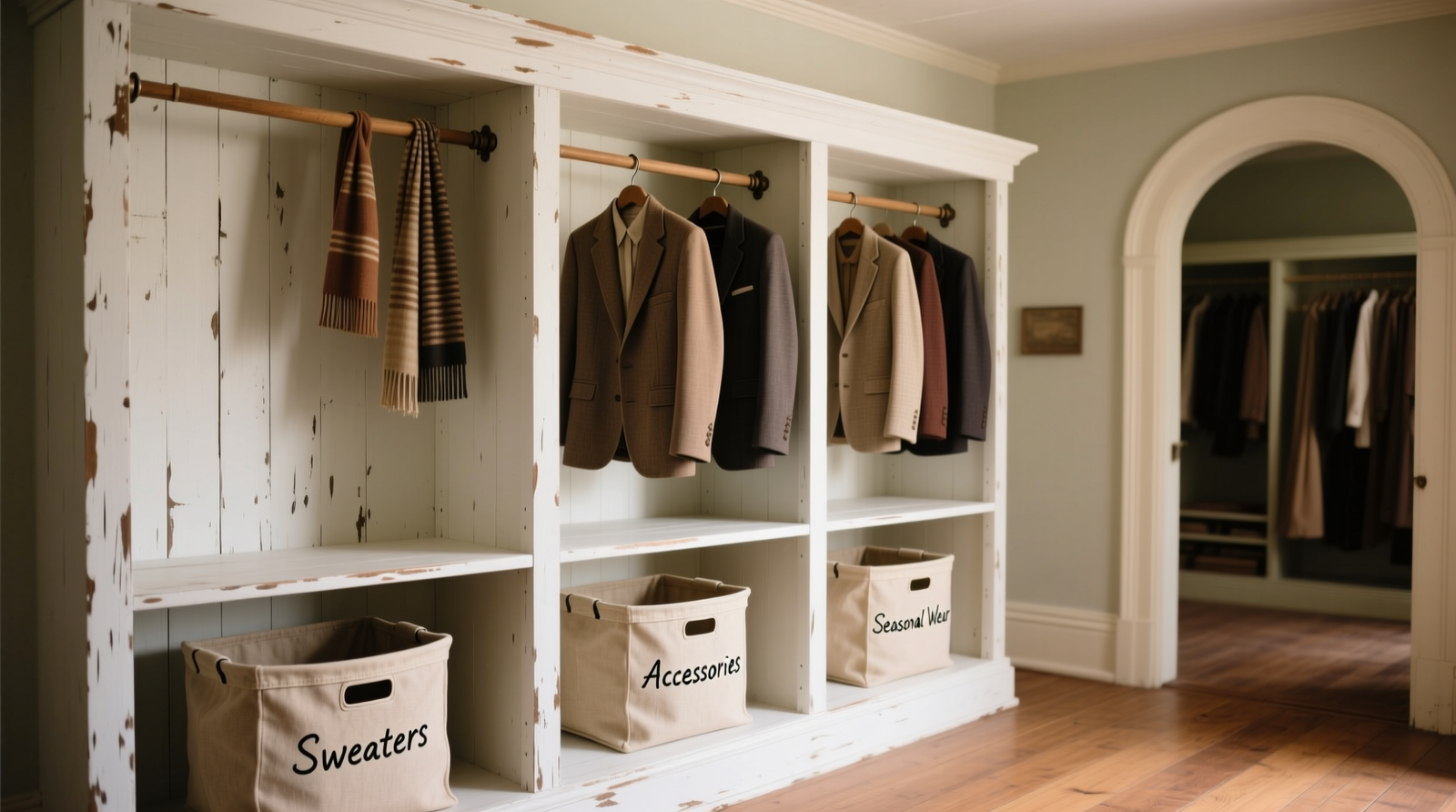 A white-painted vintage wooden bookshelf repurposed as a walk-in closet organizer: tension rods visible at ceiling, hanging rod spanning three open bays, labeled canvas bins on lower shelves, and neatly hung blazers and scarves on upper tiers. No wall hardware or visible fasteners are present.