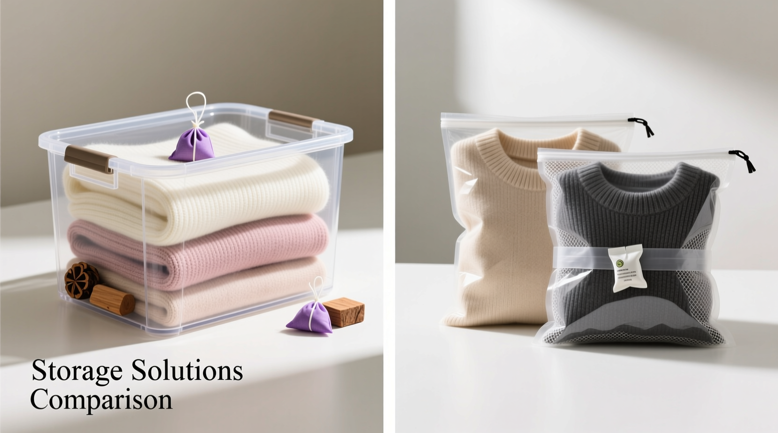 Side-by-side comparison: left shows folded cashmere sweaters layered with lavender sachets and cedar blocks inside a clear airtight bin; right shows vacuum-sealed knitwear bags with visible cotton mesh lining and silica gel canister taped to exterior