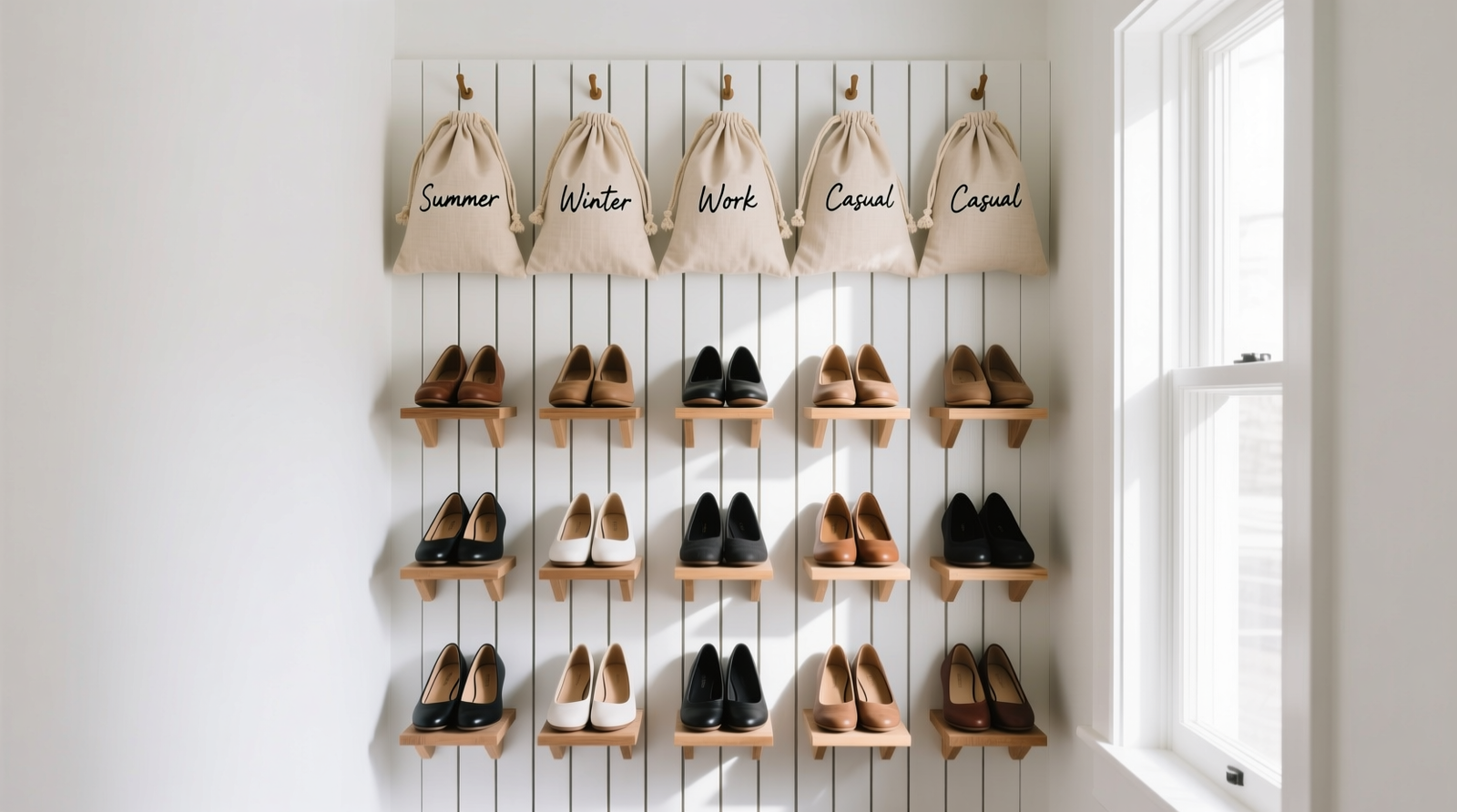 A narrow, 16-inch-deep linen closet retrofitted with white-painted, slatted wooden pegboard panels holding 24 pairs of shoes—angled outward for visibility, with labeled cotton drawstring bags stacked neatly above