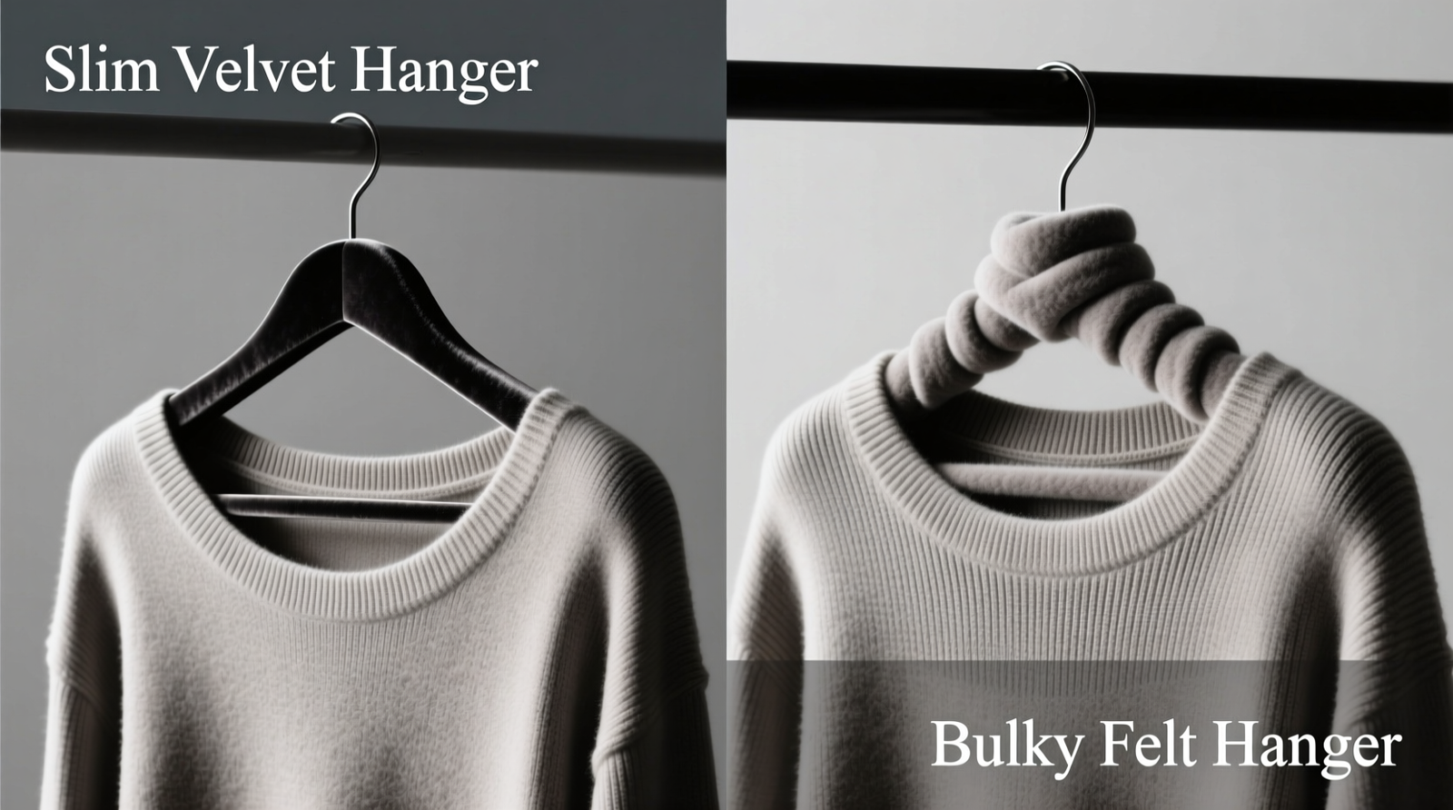Side-by-side comparison of a slim contoured velvet hanger and a bulky felt-wrapped hanger, each holding identical cotton-knit sweaters; the sweater on the slim hanger shows smooth shoulders, while the other displays visible horizontal creasing at the shoulder seam.