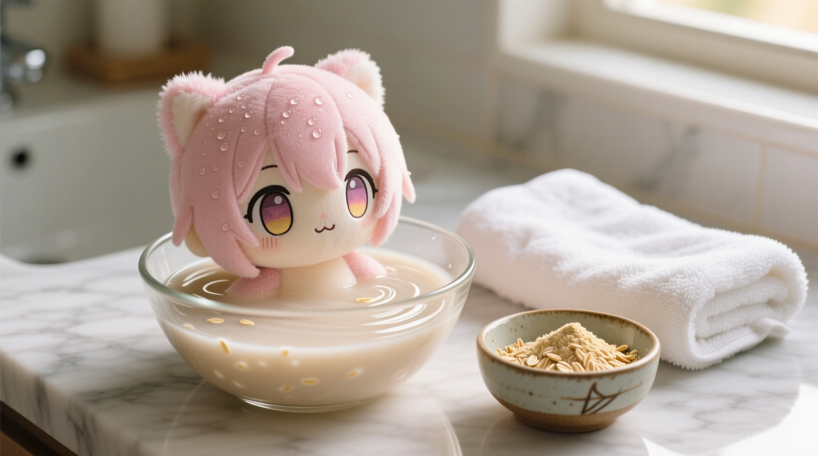 Close-up photo of a soft pastel anime plush partially submerged in a clear glass bowl of cloudy, pale tan oatmeal-infused water, with a folded white microfiber towel beside it and a small ceramic bowl holding fine oat powder