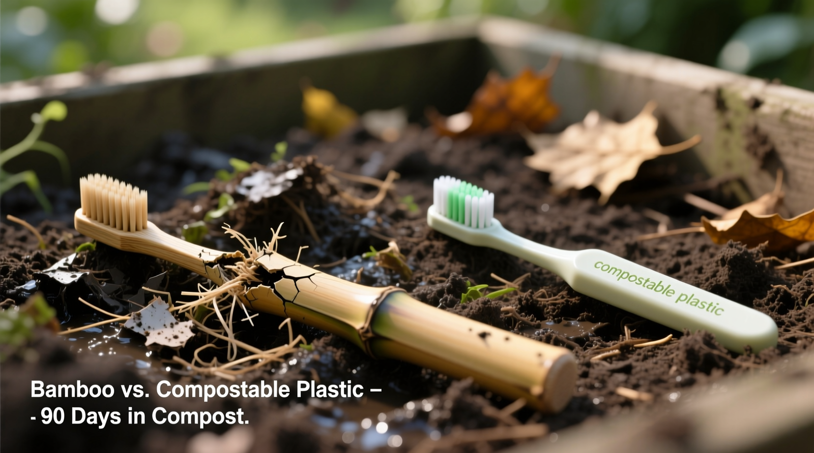 Side-by-side time-lapse: bamboo toothbrush handle visibly fragmenting in moist, aerated backyard compost after 90 days; adjacent 'compostable plastic' brush unchanged, surface intact, no discoloration