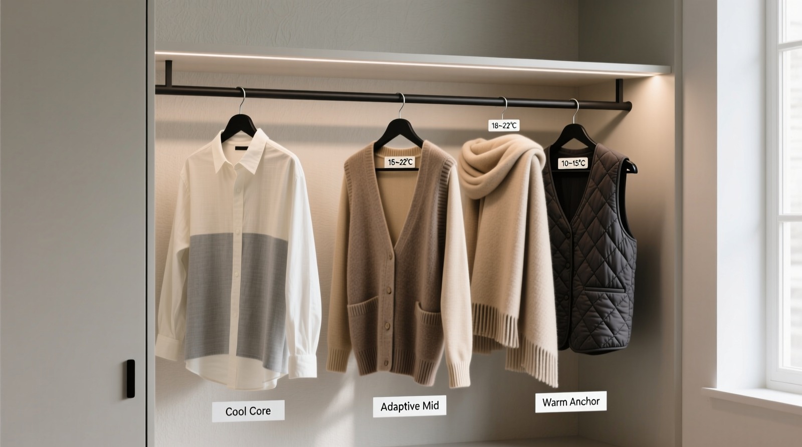 A minimalist closet with three clearly labeled hanging sections: 'Cool Core' (light linen shirts), 'Adaptive Mid' (draped knit vests and open cardigans), and 'Warm Anchor' (a folded cashmere-cotton shawl and quilted vest), all on matte black hangers with temperature-range tags visible