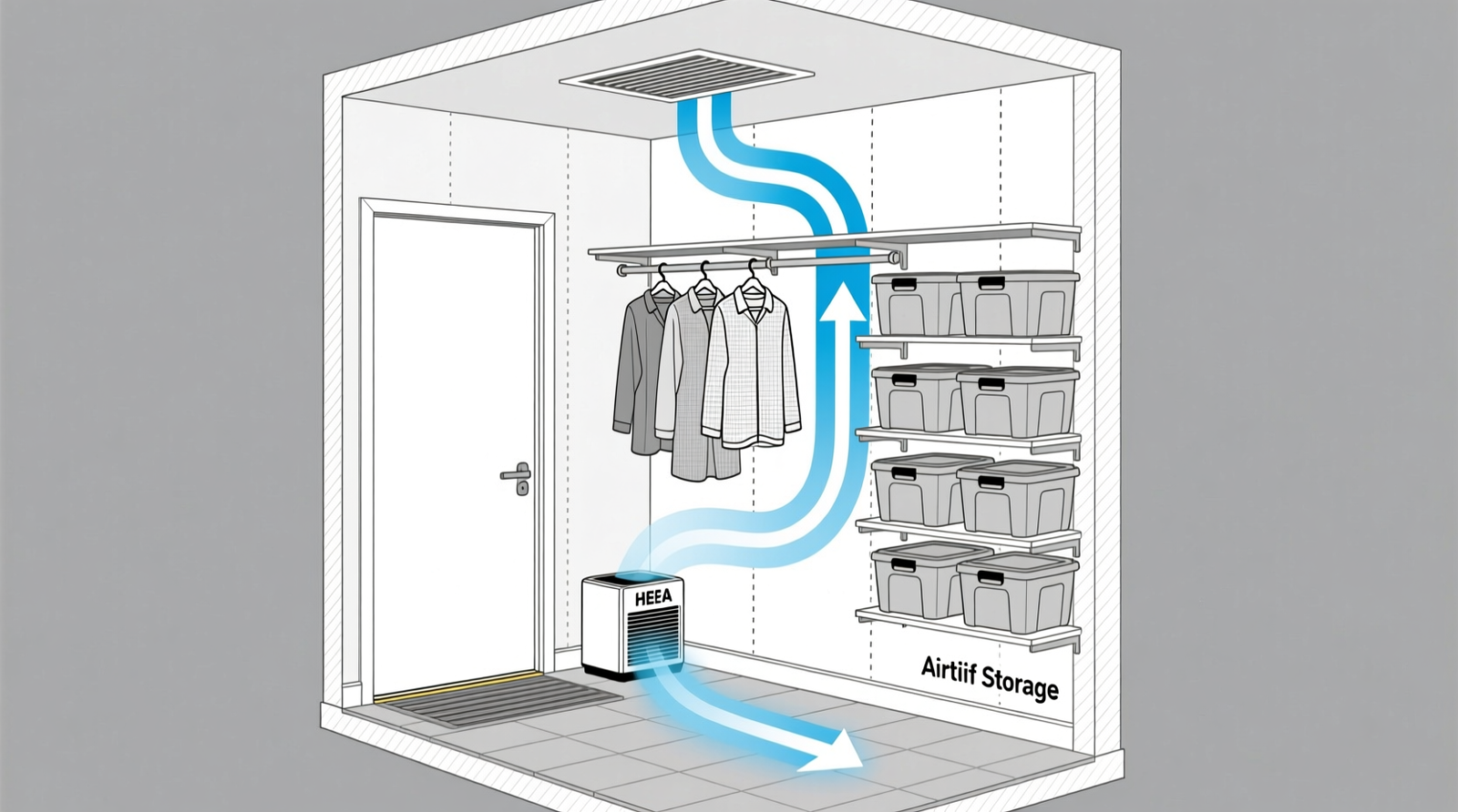 Cross-section diagram showing a closet with floor-mounted HEPA unit, 2-inch door gap, sealed storage bins on shelves, and airflow arrows circulating upward past hanging garments