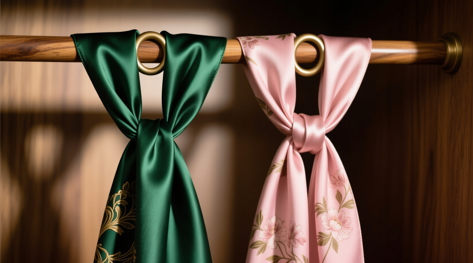 Close-up photo showing two silk scarves draped over separate looped satin straps on a wooden closet rod, with soft folds falling symmetrically and no visible slipping or twisting