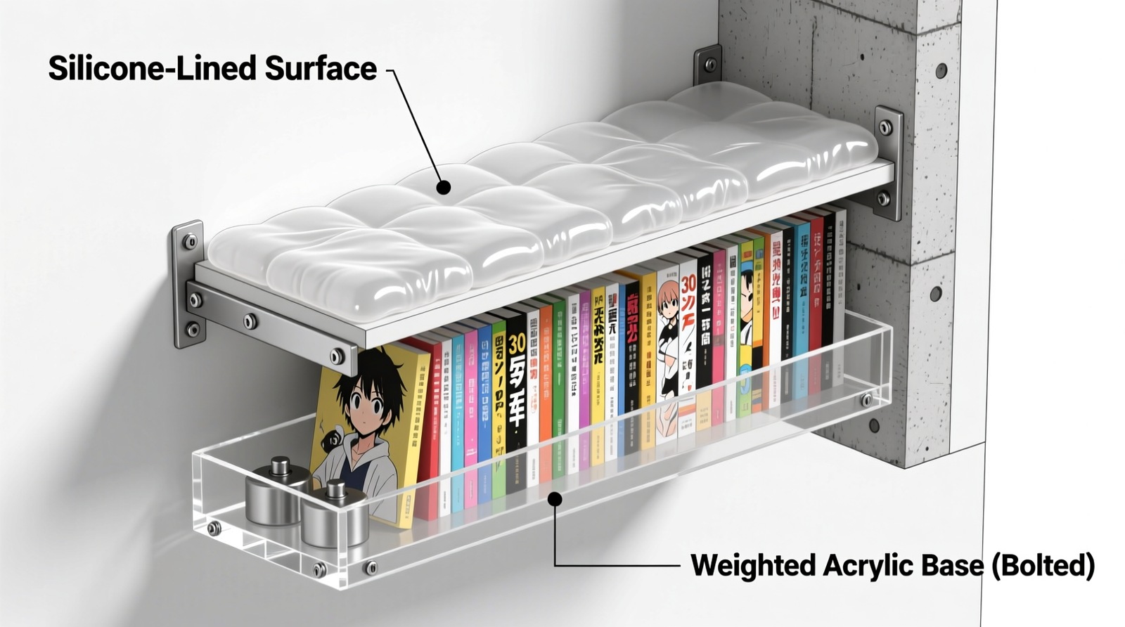 Cross-section diagram showing an anchored closet shelf with silicone-lined surface, weighted acrylic figure base bolted to shelf, and upright anime art books compressed vertically against rear wall bracket