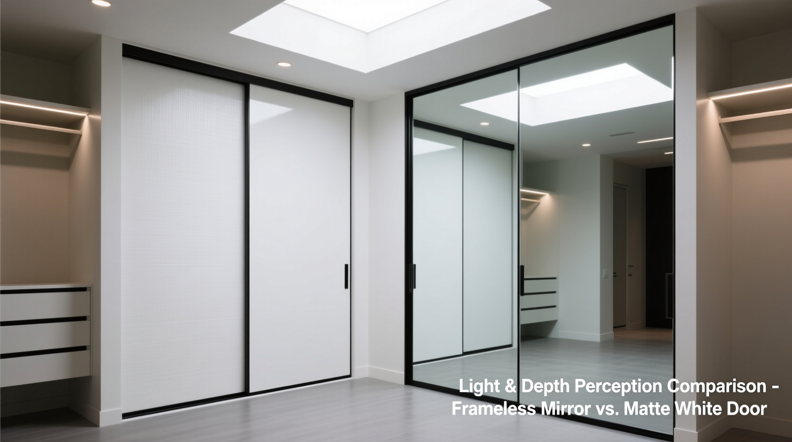 Side-by-side comparison showing identical 36-inch-wide shallow closets: left with matte white sliding door, right with full-height frameless mirrored sliding door—demonstrating stark difference in light penetration and visual depth perception