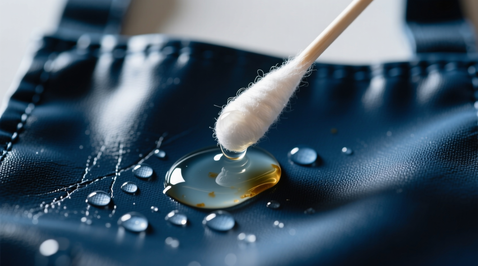 Close-up photo showing a cotton swab dampened with isopropyl alcohol gently dabbing a translucent resin stain on a dark blue polyurethane-coated apron, with clean water rinse droplets visible nearby