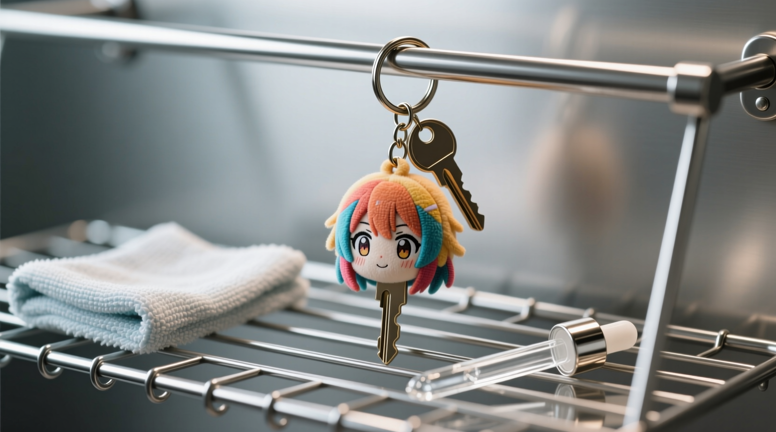 Close-up of a plush anime keychain mounted upright on a stainless steel mesh drying rack, with a folded microfiber cloth and glass dropper nearby—showing zero compression, no direct light, and ambient shadow