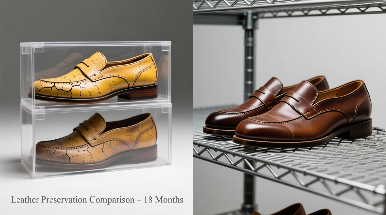 Side-by-side comparison: left side shows discolored, stiffened leather oxfords stored for 18 months in clear acrylic boxes; right side shows identical model shoes, same age and wear, preserved on powder-coated steel mesh shelves with uniform color retention and supple grain