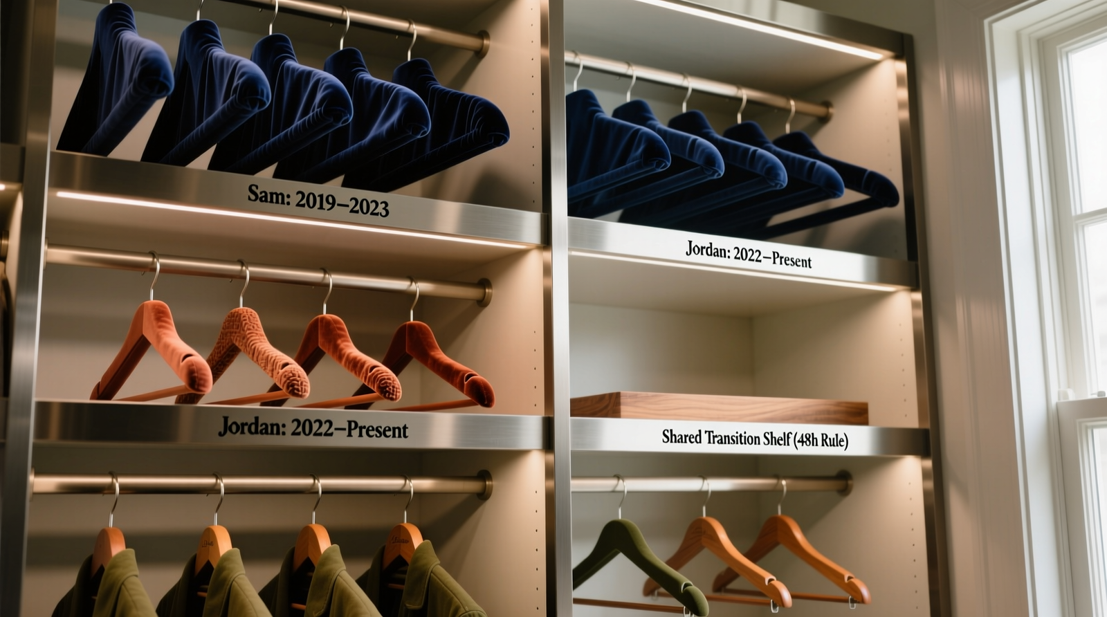 A split-height closet with navy hangers in top third, terracotta hangers in middle third, and olive hangers in bottom third; each section has engraved metal shelf labels reading 'Sam: 2019–2023', 'Jordan: 2022–Present', and 'Shared Transition Shelf (48h Rule)'