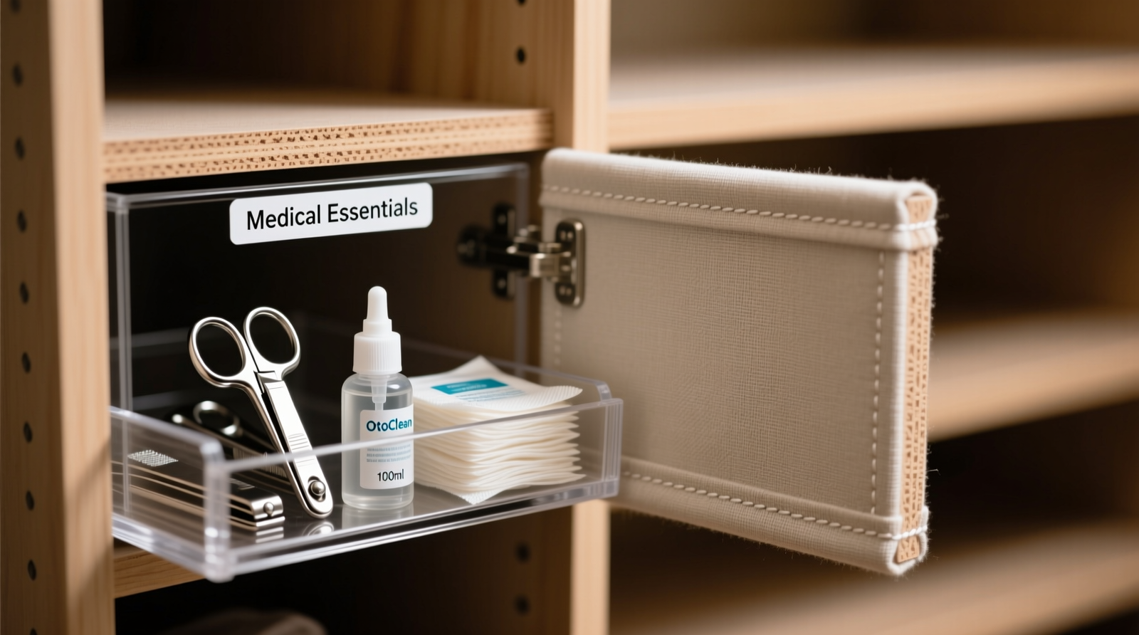 Close-up of two neutral-toned, fabric-wrapped MDF panels mounted vertically inside a standard reach-in closet, with one panel slightly pulled forward to reveal a slim, labeled acrylic drawer holding stainless steel nail clippers, a bottle of ear cleaning solution, and sterile gauze pads