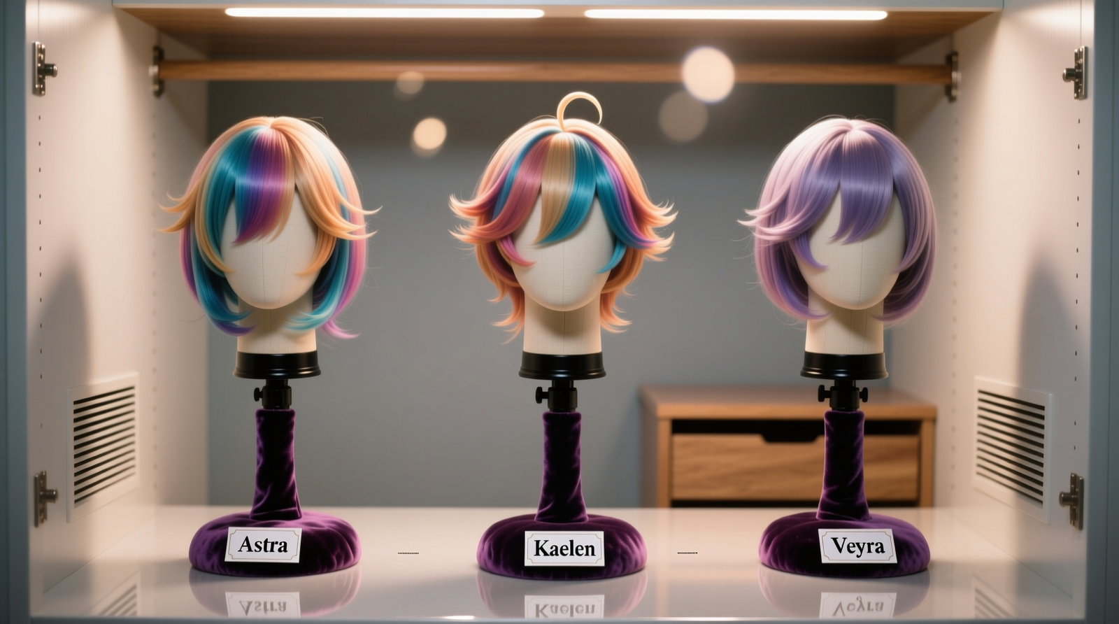 Three adjustable wig stands with tapered, ventilated caps holding different cosplay wigs—blonde anime style, black cyberpunk bob, and pastel fantasy braid—spaced evenly on a closet shelf with louvered backing and subtle airflow arrows indicating upward convection