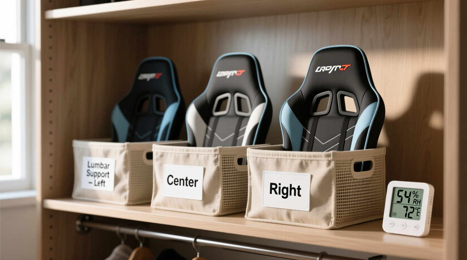 Close-up of three vertically aligned gaming chair cushions inside custom mesh sleeves mounted on tension rods inside a standard closet side panel, showing precise 1.2-inch profile and labeled tabs