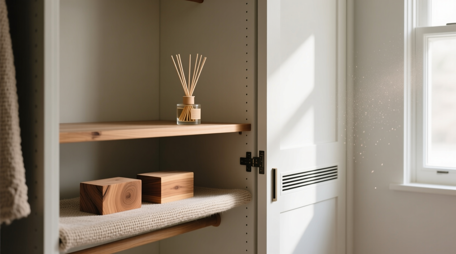 A well-organized closet with a small reed diffuser placed on a shelf just outside the open doorframe; two natural cedar blocks sit on a fabric shelf below, and a ventilation gap is visible beneath the closet door.