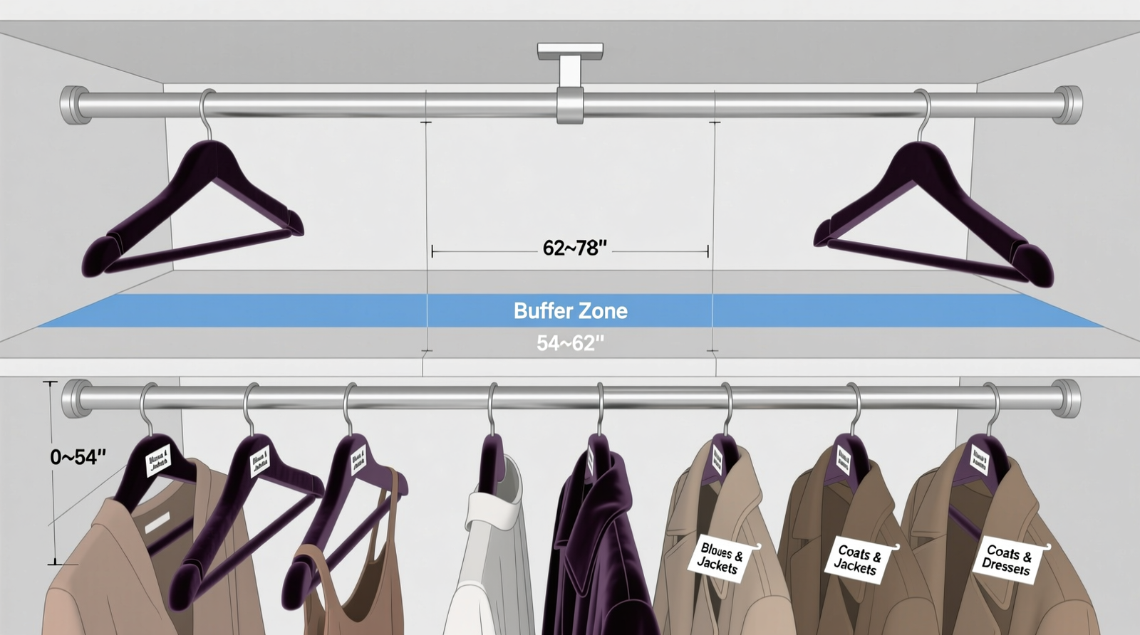 Overhead diagram showing a standard closet rod segmented into three vertical zones: lower zone (0–54”) with compact velvet hangers holding blouses and cropped jackets; middle buffer zone (54–62”) empty and marked with blue tape; upper zone (62–78”) with wider hangers holding full-length coats and dresses—each zone labeled with discreet adhesive tags