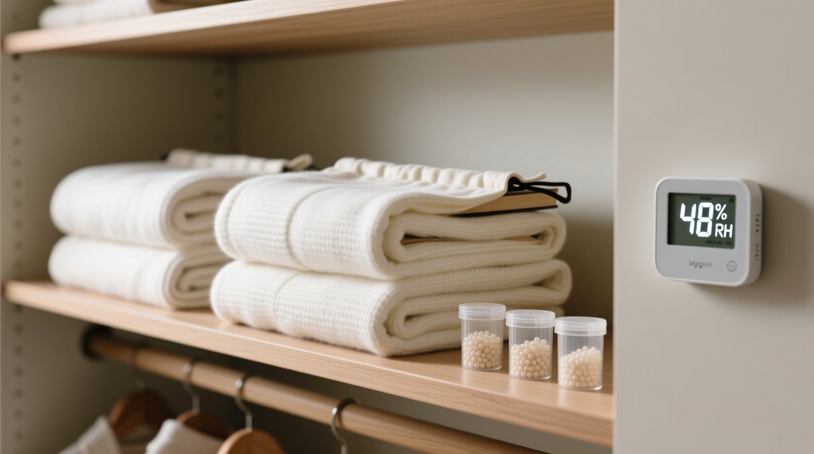 A well-organized closet shelf showing three neatly folded wool blankets in off-white cotton garment bags, standing upright like books, with small reusable silica gel canisters visible on the shelf edge and a digital hygrometer mounted nearby displaying 48% RH