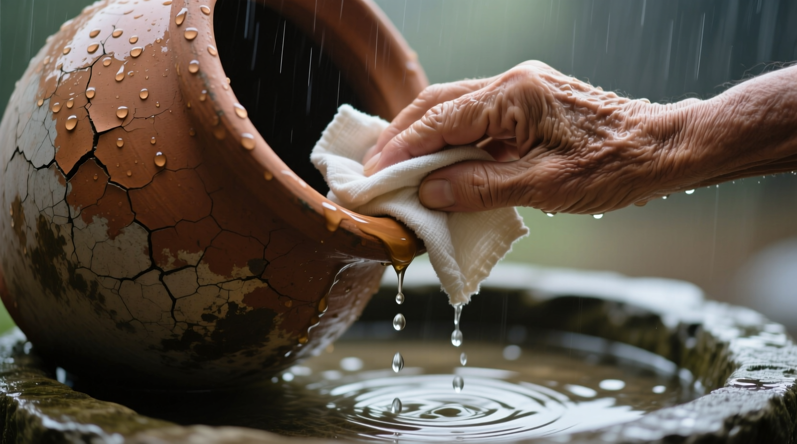Close-up of a hand wiping the curved side of a weathered terracotta pot with a folded cotton cloth dampened with vinegar; rainwater drips gently from the pot’s rim into a shallow stone basin below.