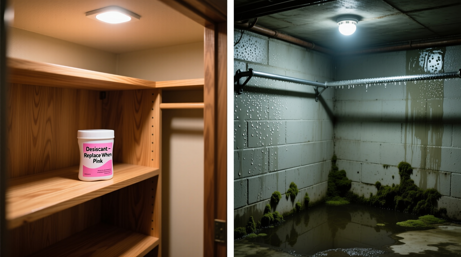 Cross-section diagram showing moisture migration into a basement closet: warm humid air entering through gaps at top, condensing on cooler hanging rods and folded sweaters below, with silica gel pod placed low on shelf near back wall