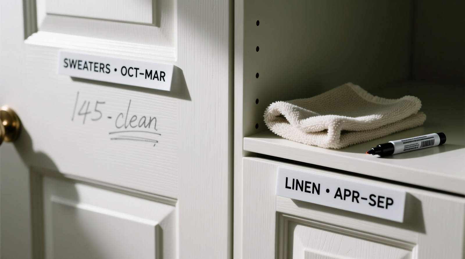 Close-up of a smooth, matte-white painted closet door with crisp dry-erase labels: 'SWEATERS • OCT–MAR' and 'LINEN • APR–SEP', wiped cleanly beside a microfiber cloth and fine-tip marker