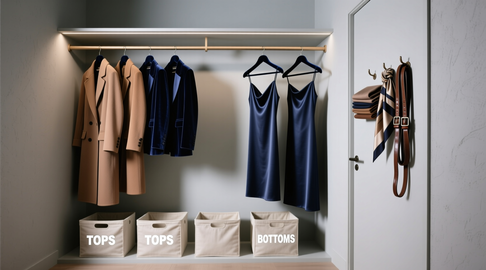 A narrow closet with a single metal rod holding neatly spaced slim hangers; beneath it, three identical canvas bins sit flush on the floor, each labeled with minimalist chalkboard tags: 'Work Tops', 'Denim', 'Layering'