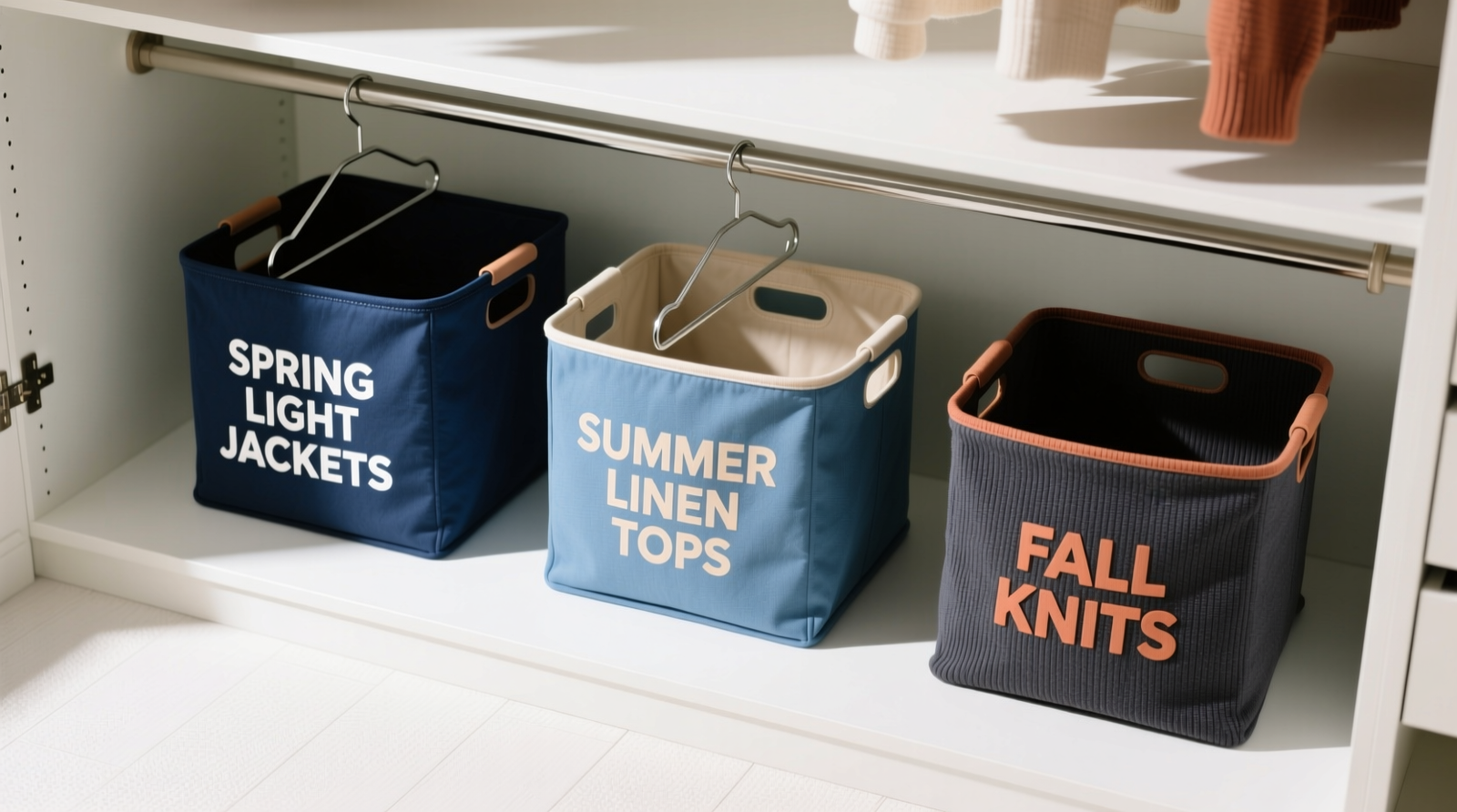 Overhead photo of three clearly labeled fabric bins: one marked 'SPRING LIGHT JACKETS', another 'SUMMER LINEN TOPS', third 'FALL KNITS' — all arranged on a clean, well-lit closet floor with matching hangers visible in background
