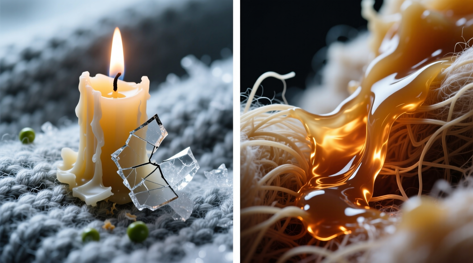 Close-up photo showing a frozen pea pack pressed flat over a white wool rug with a small, opaque candle wax stain; beside it, a dull plastic scraper lifting a translucent flake upward, aligned with the direction of the wool pile