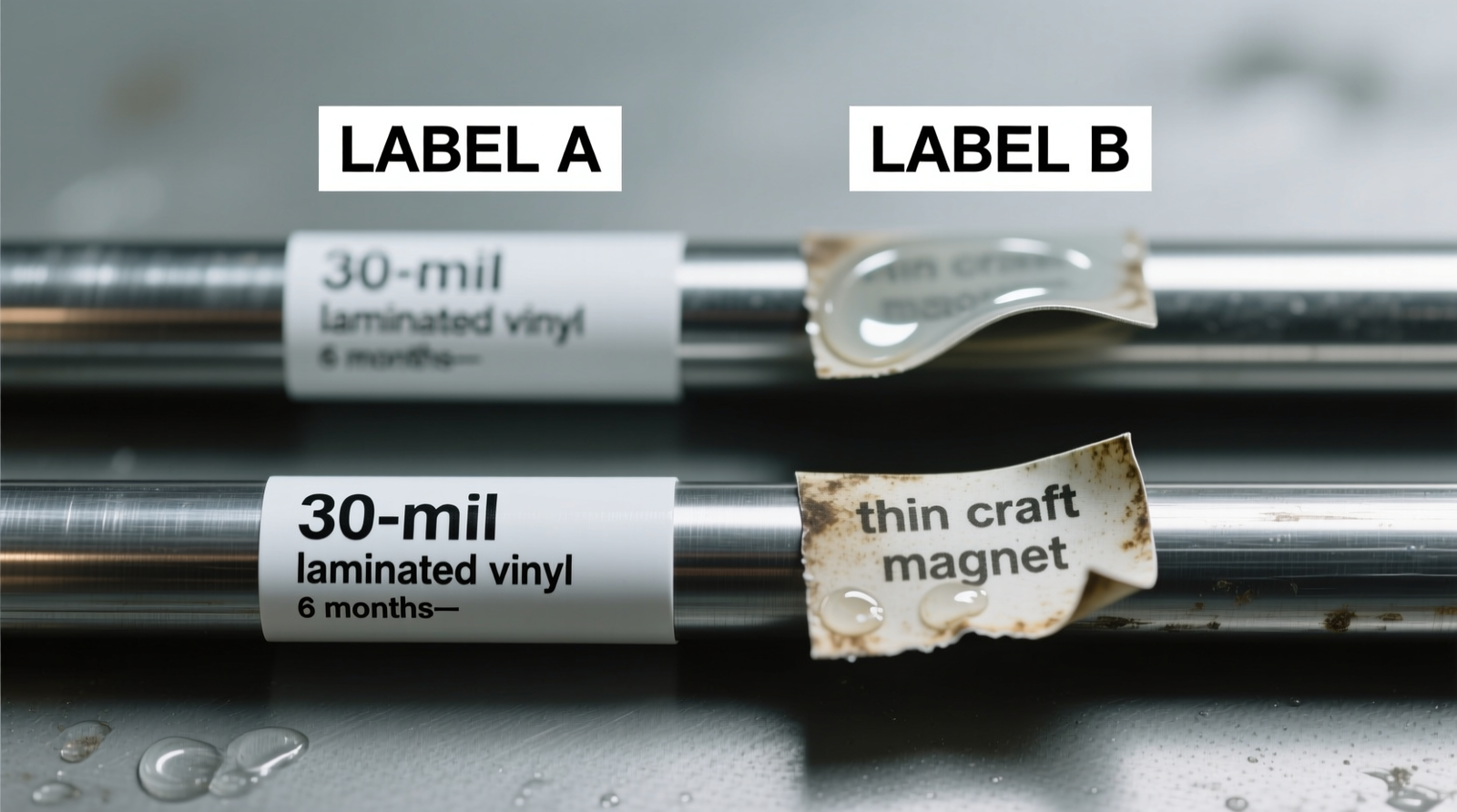 Close-up photo showing two magnetic labels side-by-side on identical steel rods: left label (30-mil laminated vinyl) remains crisp and flat after 6 months; right label (thin craft magnet) shows curled edges, faded text, and visible moisture halo