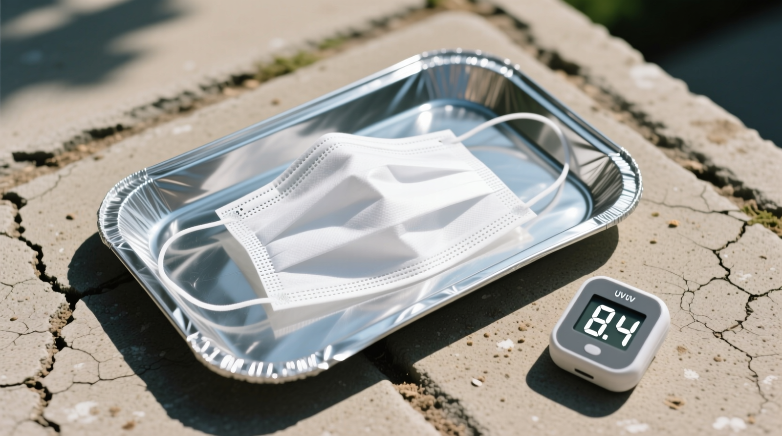 A clean cotton face mask laid flat inside a rectangular aluminum foil baking tray, positioned on a concrete patio under bright midday sun; the foil’s shiny surface reflects light upward onto the mask’s surface, with a small thermometer showing 62°C surface temperature