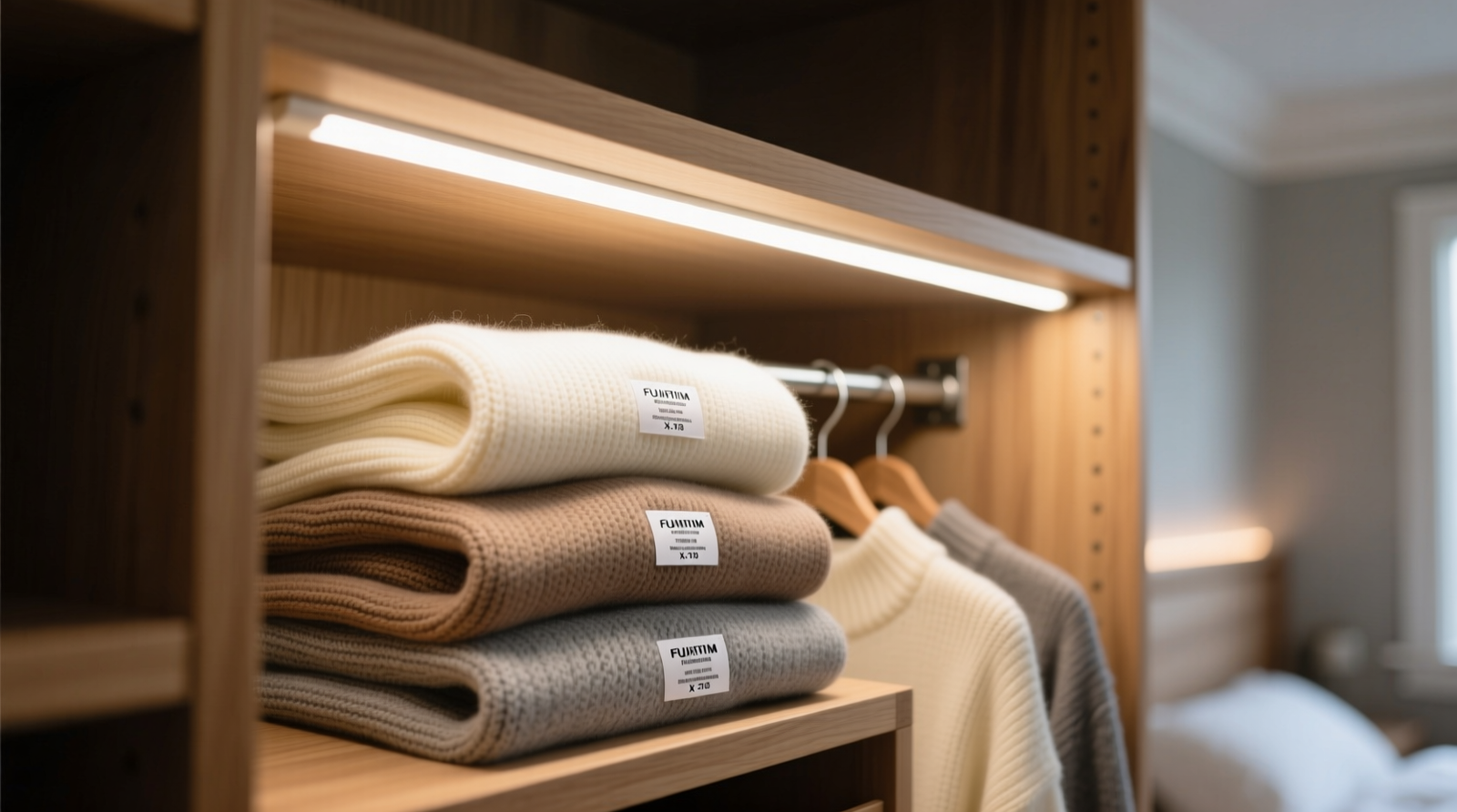 Close-up of warm-white LED strip light mounted beneath a closet shelf, evenly illuminating folded sweaters and visible garment tags, with no glare or shadow on adjacent hangers