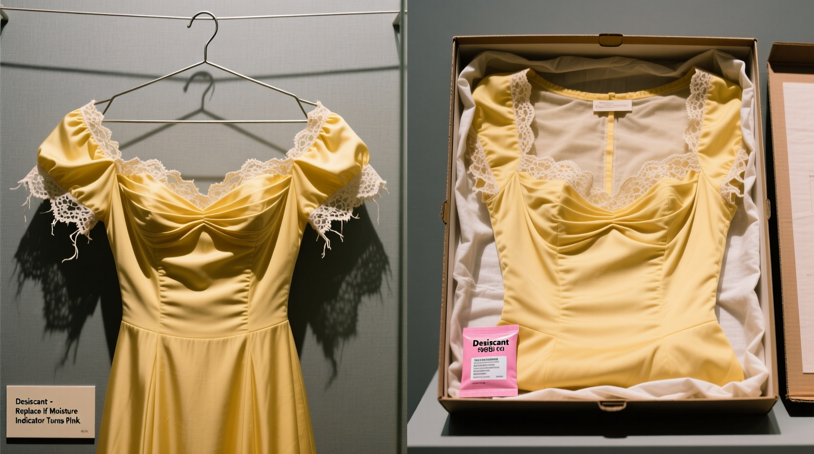 Side-by-side comparison: a formal gown draped correctly on a padded hanger inside a cotton garment bag versus one crammed sideways into a shallow shelf with visible shoulder dimples and train creasing