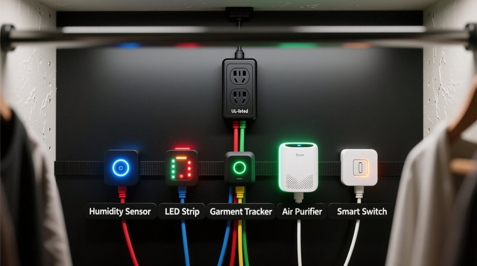 Close-up of a shallow-depth closet interior showing a slim black UL-listed power strip mounted vertically on the rear panel, with color-coded cables routed neatly downward into labeled Velcro channels, and five compact smart devices (humidity sensor, LED strip controller, garment tracker hub, mini air purifier, and smart switch) plugged in and powered on.