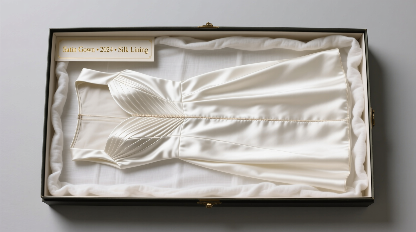 Top-down view of a formal gown folded face-down on white muslin, with precise seam-aligned folds and layered cotton barriers inside an open acid-free archival box labeled 'Satin Gown • 2024 • Silk Lining'