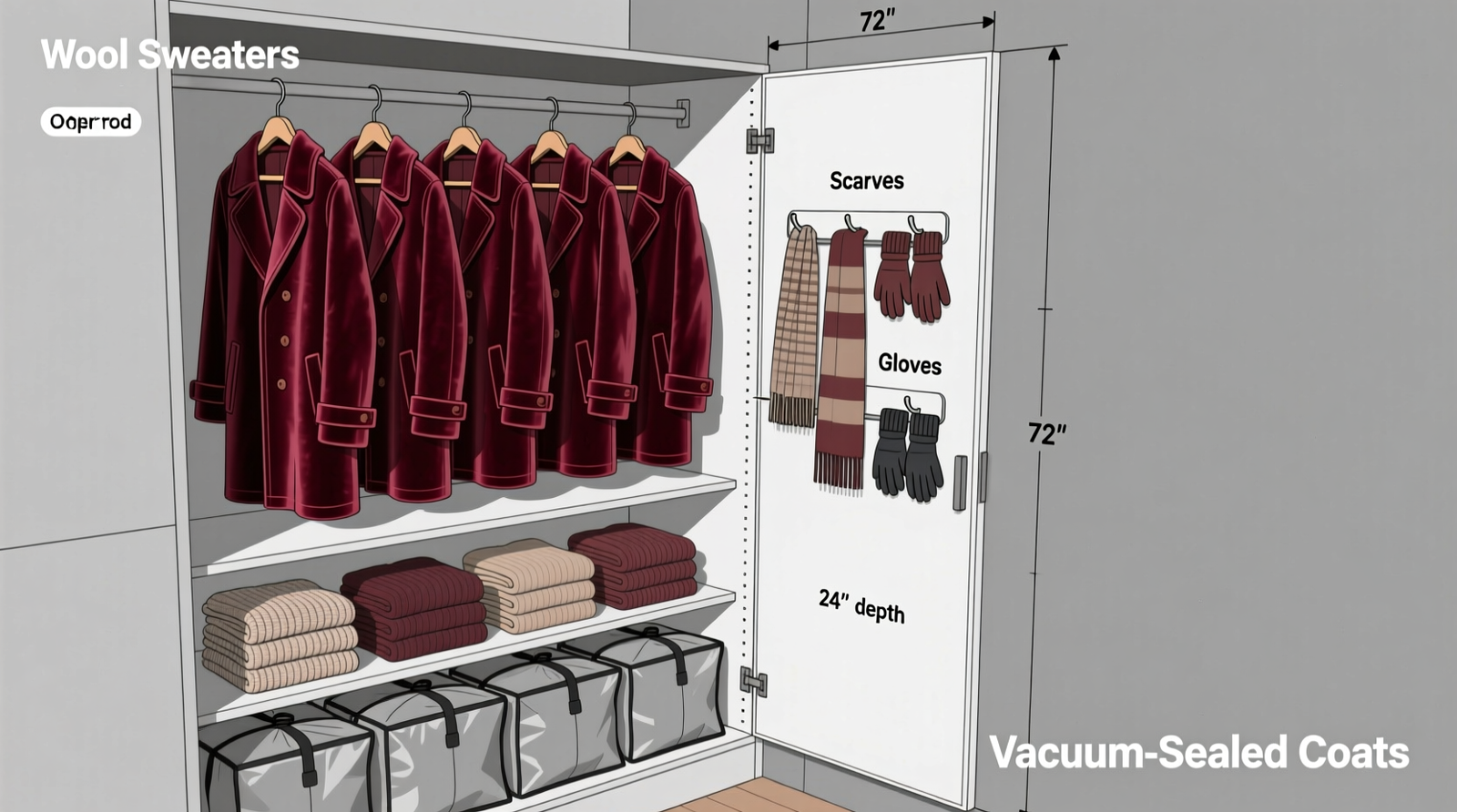 Side-view diagram of a 24-inch-deep closet showing double-hang rod configuration: upper rod at 72 inches holding 6 oversized coats on velvet hangers with 1.5-inch gaps; lower rod at 40 inches holding folded knitwear; over-door hooks mounted inside door holding only scarves and gloves; vacuum-sealed coat bags stacked flat beneath bed frame