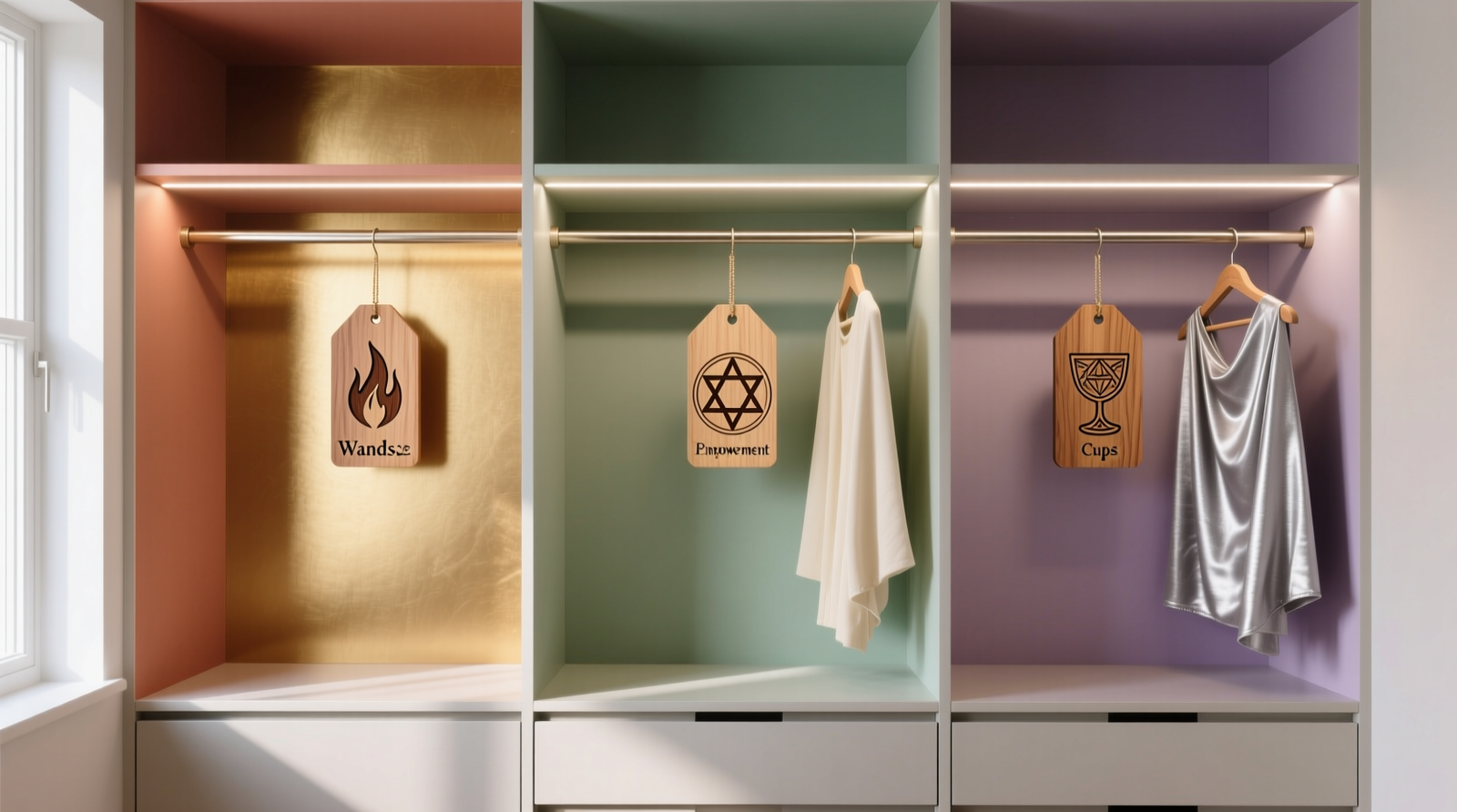 A minimalist walk-in closet with three clearly demarcated hanging sections: left in warm terracotta and gold (Wands/Empowerment), center in soft sage and cream (Pentacles/Grounding), right in misty lavender and silver (Cups/Intuition); each section features small engraved wooden tags shaped like tarot glyphs instead of text labels